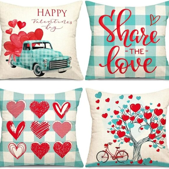 Other - NEW- Set of 4 Valentines Pillow Covers 18x18 Inch Set of 4 Retro Linen
